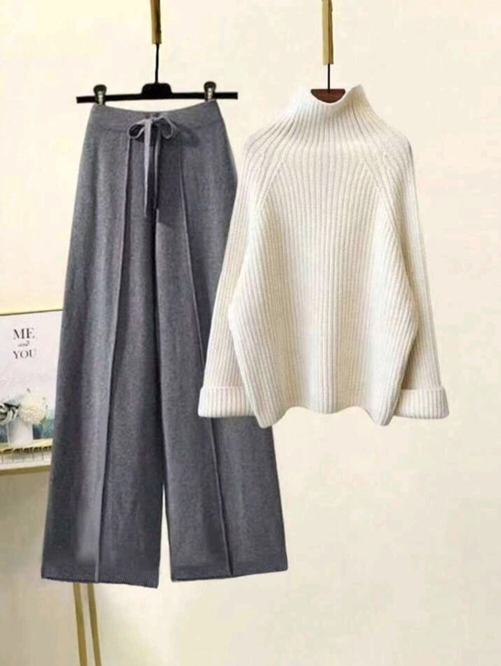 Women Ribbed Knit Sweater Set,Long Sleeve Light Cream Pullover & Gray Pants